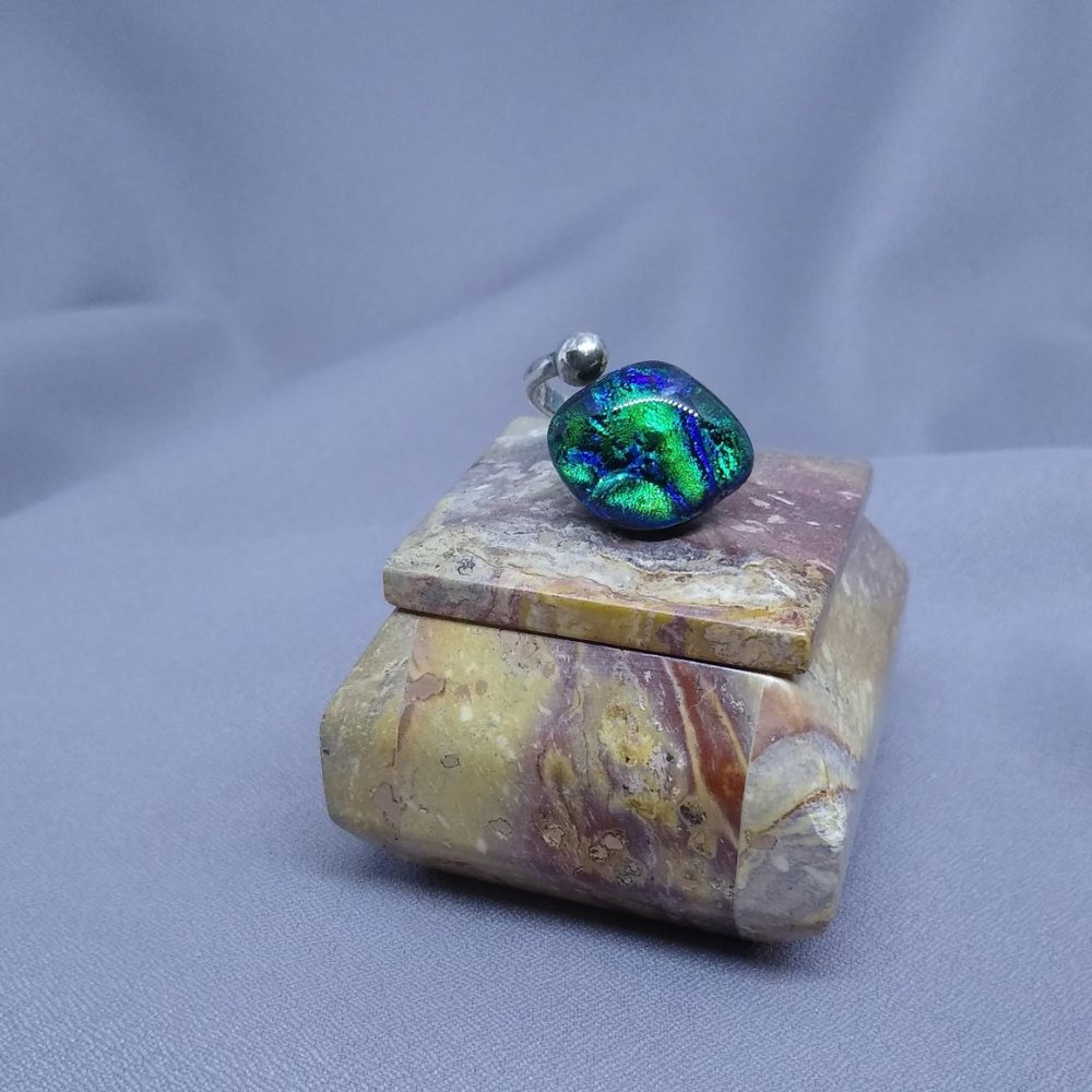 Dichroic Glass Cabochon Ring of Blues & Greens, Silver Tone Band Size 5 1/2